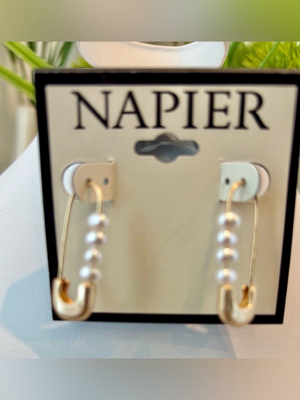 Napier Safety pin with white pearl like beads, Goldtone